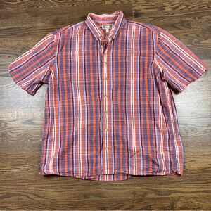 Duluth Trading Shirt Mens 2XL Tall Orange Blue Plaid Short Sleeve Button Down